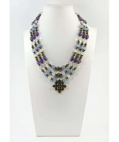 Exclusive necklace "Hutsul motifs" Amethyst, Aquamarine, Rose quartz, Rock crystal, 3 rows