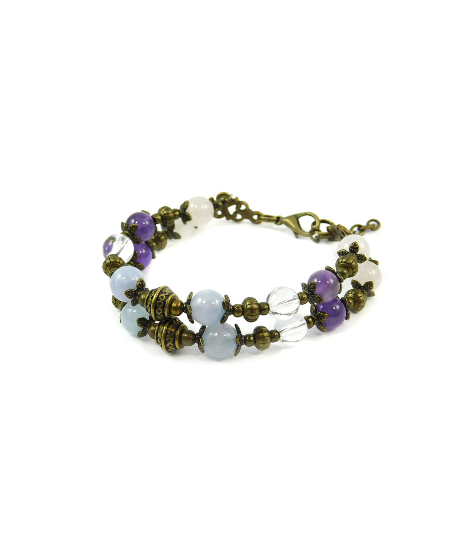 Exclusive bracelet "Hutsul motifs" Amethyst, Aquamarine, Rose quartz, Rock crystal, 2 rows