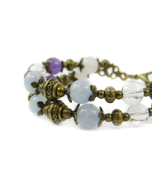 Exclusive bracelet "Hutsul motifs" Amethyst, Aquamarine, Rose quartz, Rock crystal, 2 rows