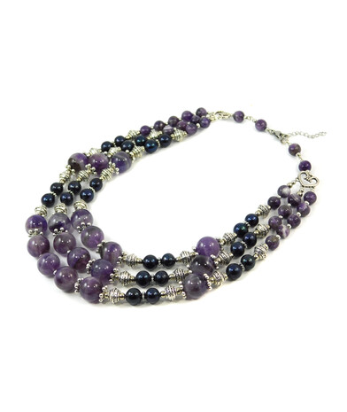 Exclusive necklace "Brunda" Black pearls, Amethyst, 3 rows