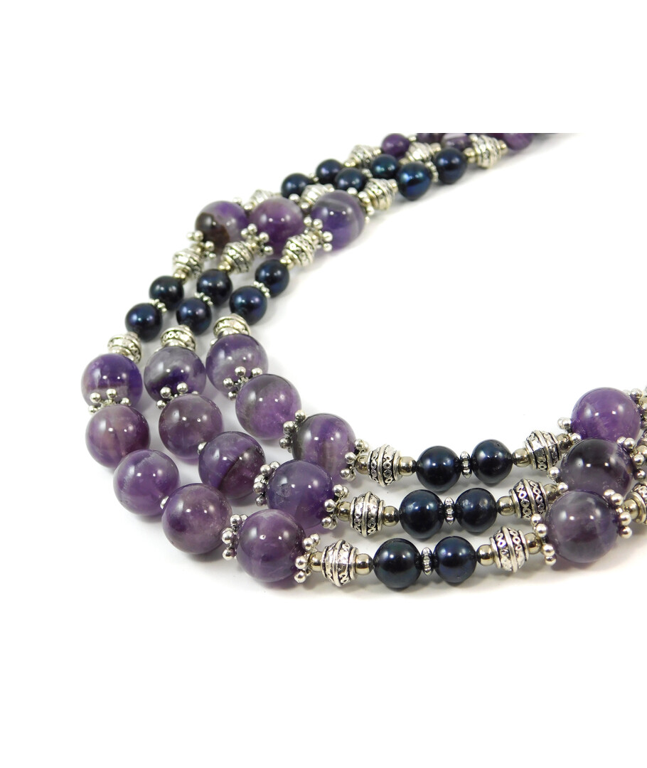 Exclusive necklace "Brunda" Black pearls, Amethyst, 3 rows