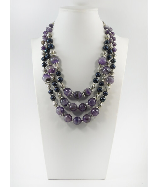 Exclusive necklace "Brunda" Black pearls, Amethyst, 3 rows