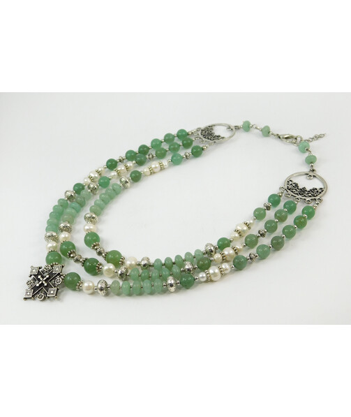 Exclusive necklace "Amelia" Jade, rondel, Pearls, 3 rows