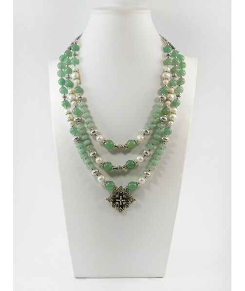 Exclusive necklace "Amelia" Jade, rondel, Pearls, 3 rows