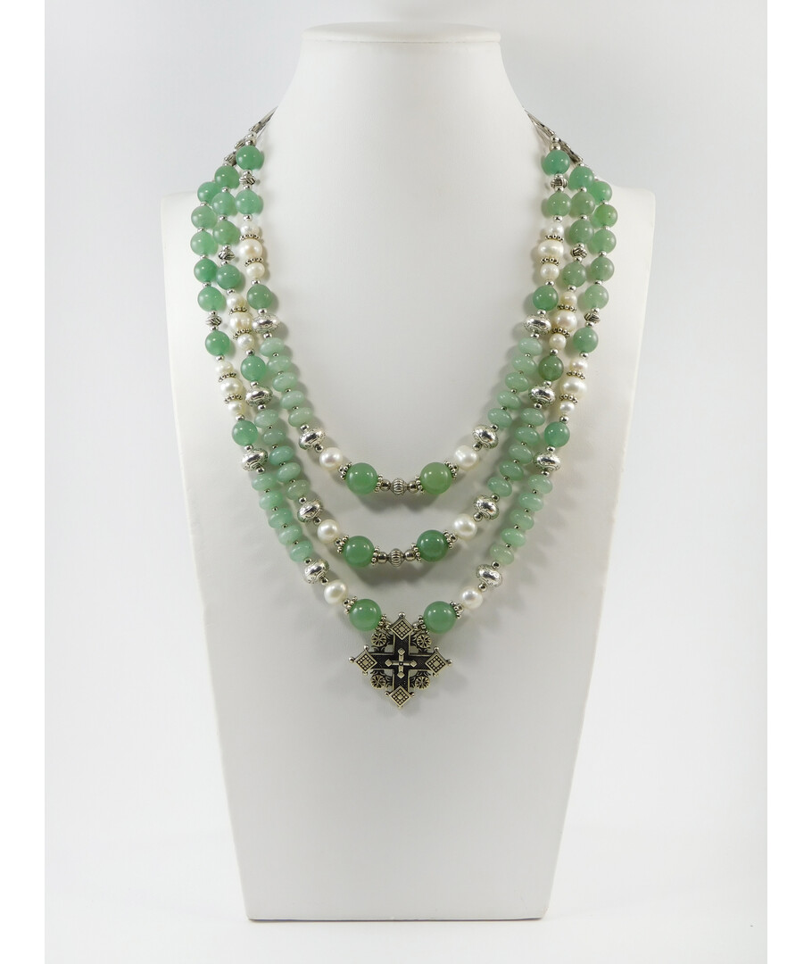 Exclusive necklace "Amelia" Jade, rondel, Pearls, 3 rows