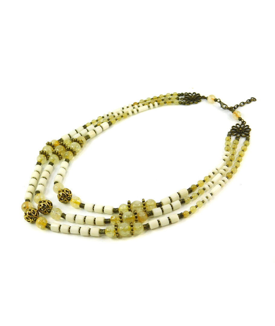 Exclusive necklace "Rizas" Citrine, Coral white roundel, barrel, tube, 3 rows