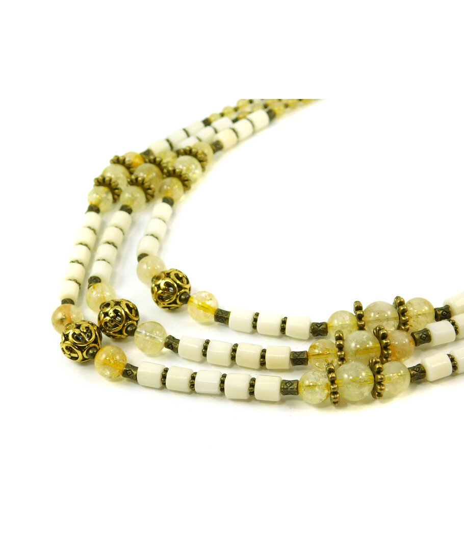 Exclusive necklace "Rizas" Citrine, Coral white roundel, barrel, tube, 3 rows