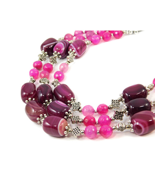 Exclusive necklace "Pink Panther" Agate facet, barrel, 3 rows