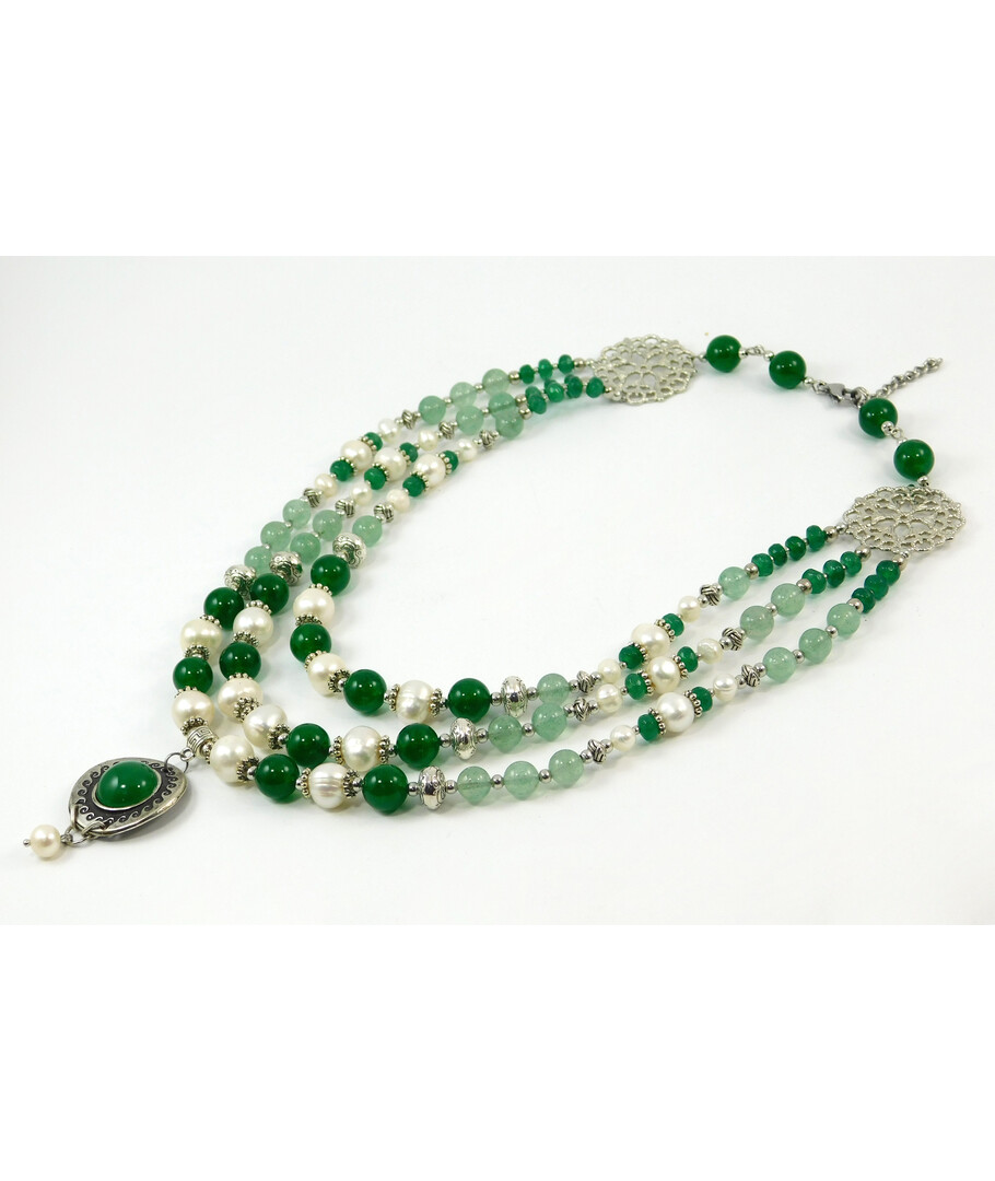 Exclusive necklace "Filena" Chrysoprase rondel, Quartz, Pearls, 3 rows