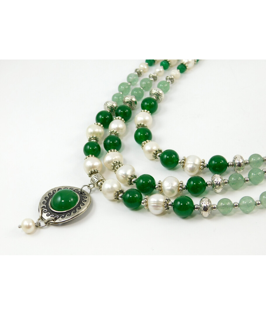 Exclusive necklace "Filena" Chrysoprase rondel, Quartz, Pearls, 3 rows