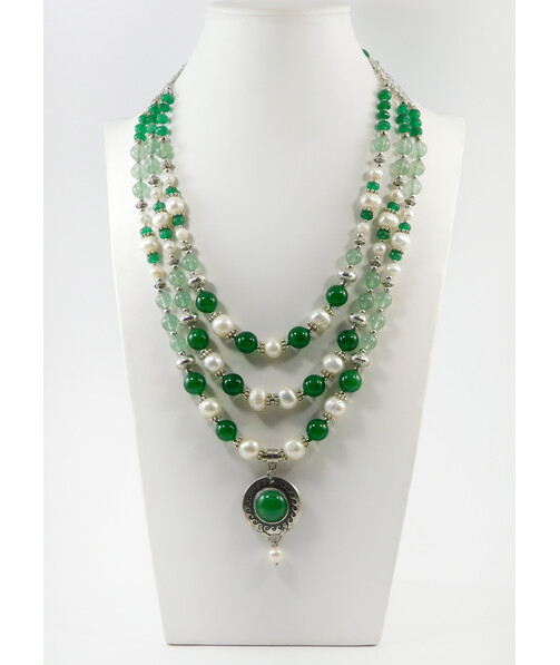 Exclusive necklace "Filena" Chrysoprase rondel, Quartz, Pearls, 3 rows