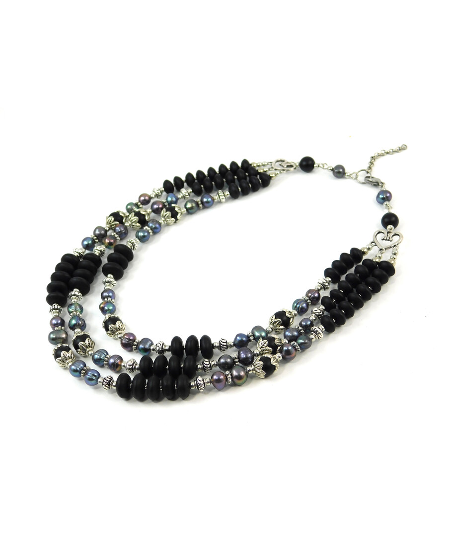 Exclusive necklace "Lilin" Black pearls, Shungite, rondel, 3 rows