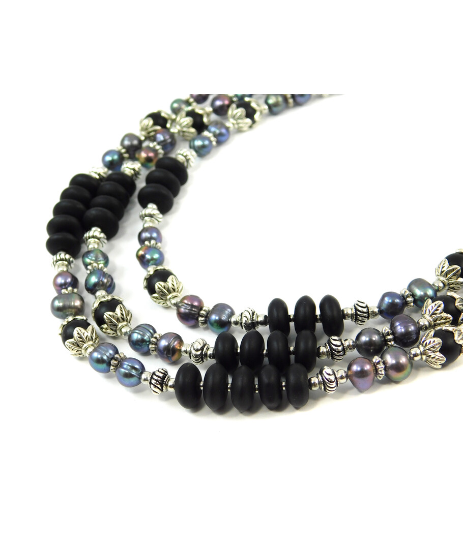 Exclusive necklace "Lilin" Black pearls, Shungite, rondel, 3 rows