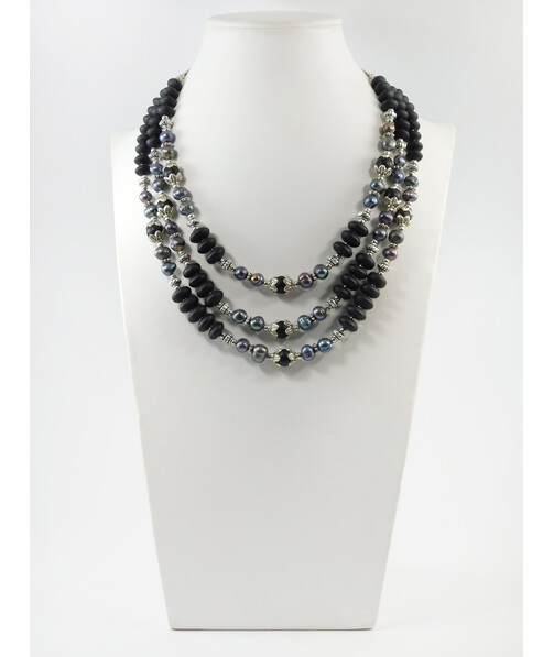 Exclusive necklace "Lilin" Black pearls, Shungite, rondel, 3 rows