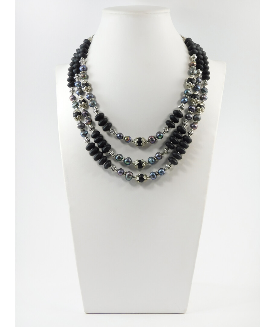 Exclusive necklace "Lilin" Black pearls, Shungite, rondel, 3 rows