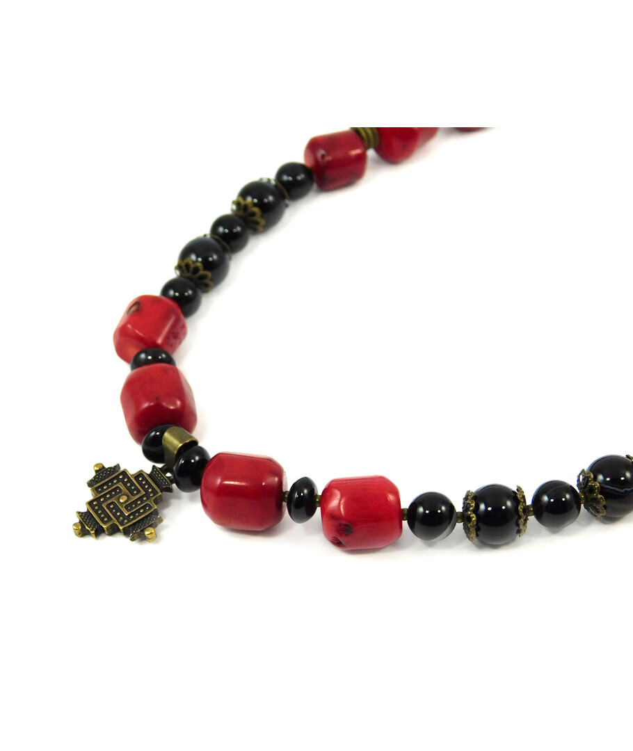 Exclusive necklace "Coral Zgarda" coral, agate, rondel