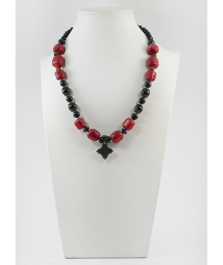 Exclusive necklace "Coral Zgarda" coral, agate, rondel