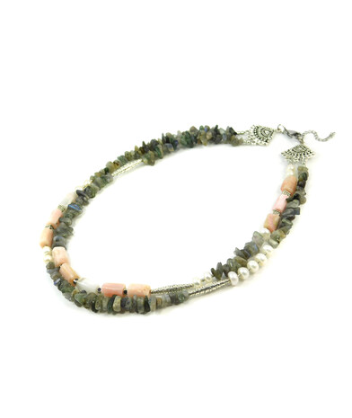 Exclusive necklace "Elena" Opal barrel, Pearls, rondel, Labrador crumb, 2 rows