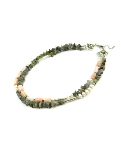 Exclusive necklace "Elena" Opal barrel, Pearls, rondel, Labrador crumb, 2 rows