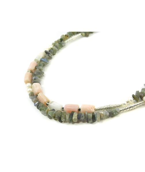 Exclusive necklace "Elena" Opal barrel, Pearls, rondel, Labrador crumb, 2 rows