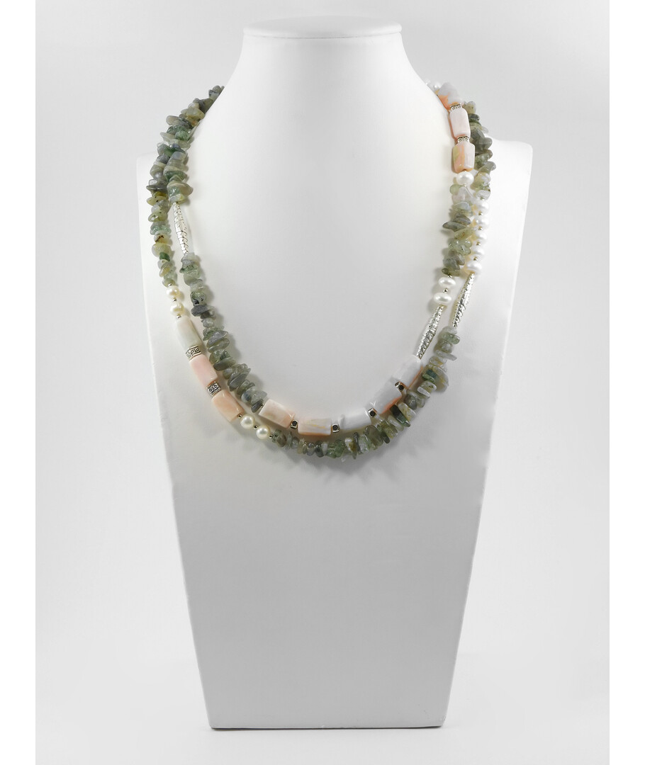 Exclusive necklace "Elena" Opal barrel, Pearls, rondel, Labrador crumb, 2 rows