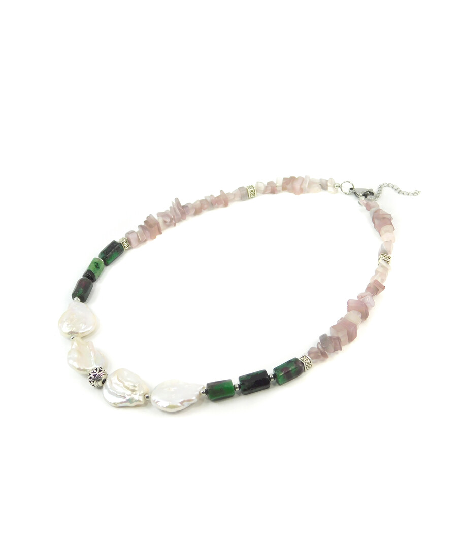 Exclusive necklace "Anemone" Zoisite barrel, Baroque pearls, Cat's eye crumb