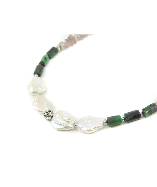 Exclusive necklace "Anemone" Zoisite barrel, Baroque pearls, Cat's eye crumb