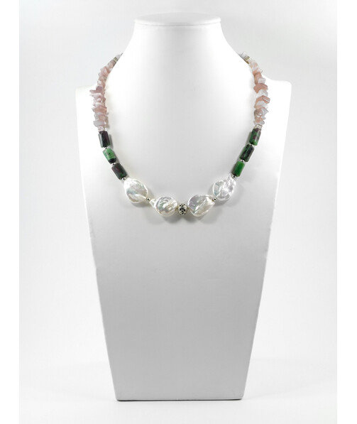 Exclusive necklace "Anemone" Zoisite barrel, Baroque pearls, Cat's eye crumb