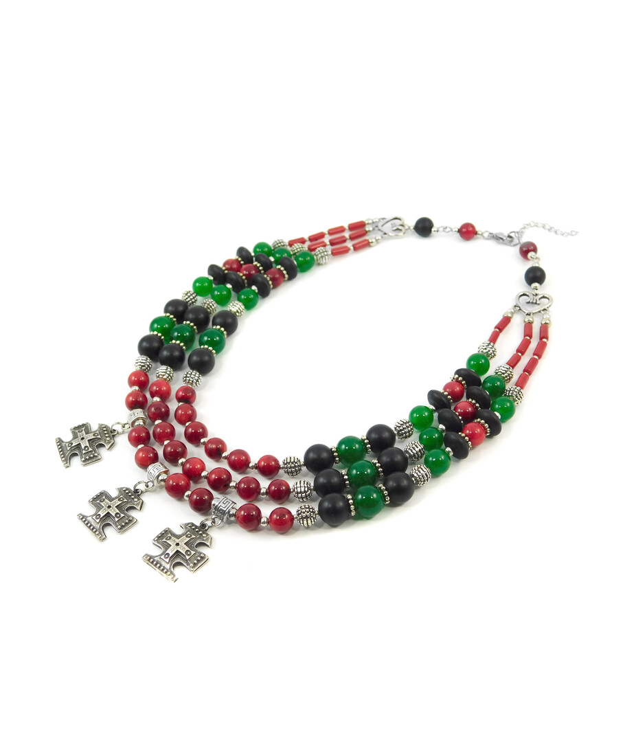 Exclusive necklace "Clarinet" Coral, Shungite, Chrysoprase, 3 rows