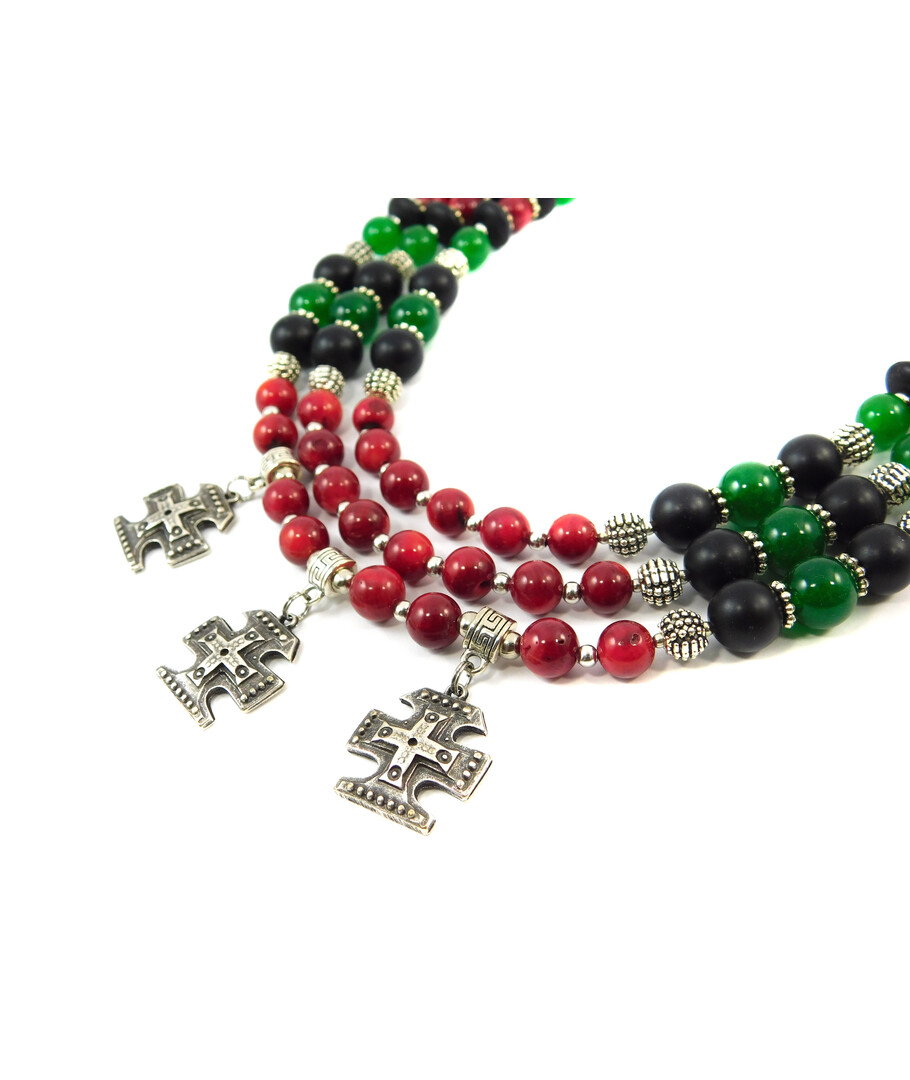 Exclusive necklace "Clarinet" Coral, Shungite, Chrysoprase, 3 rows