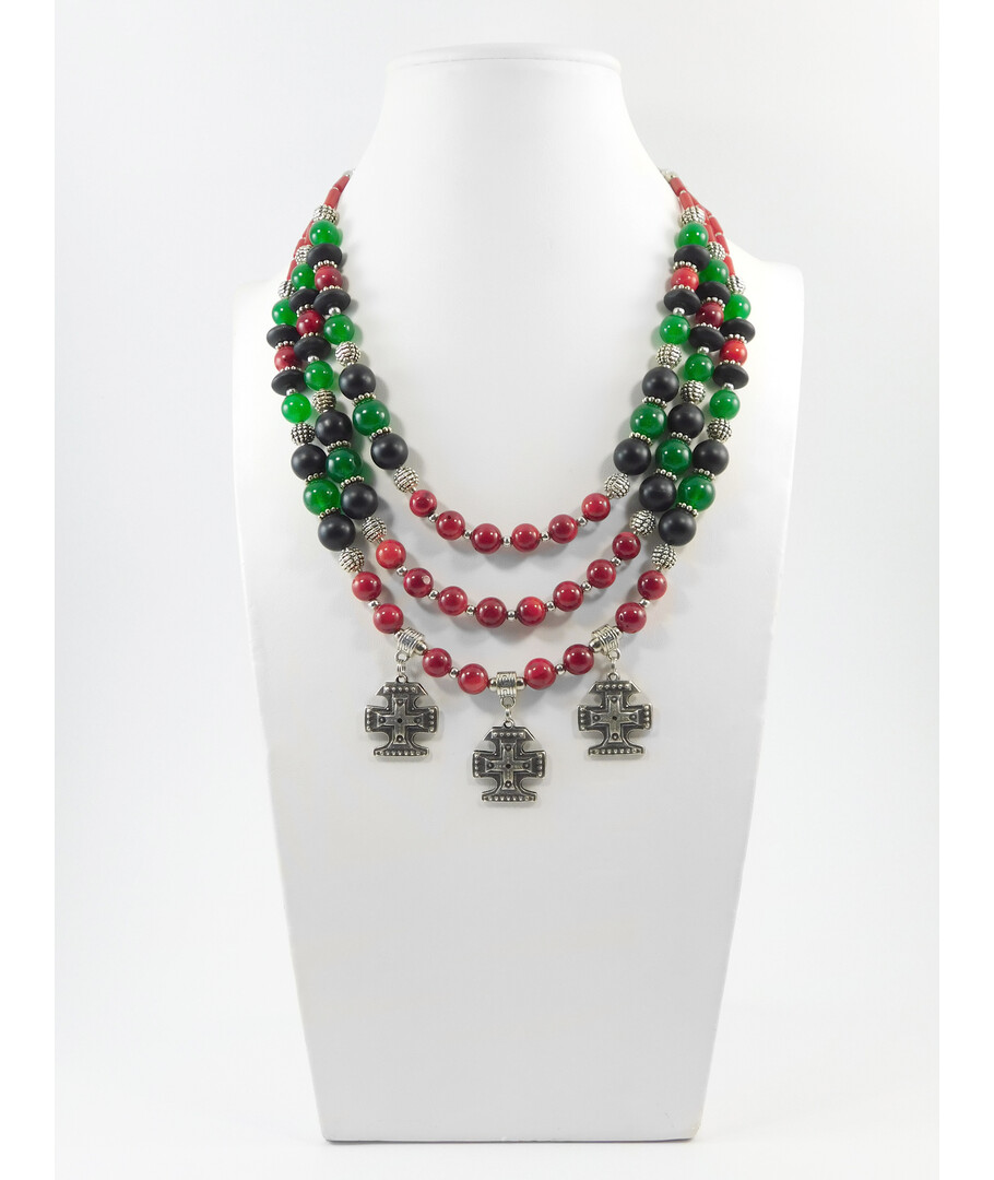 Exclusive necklace "Clarinet" Coral, Shungite, Chrysoprase, 3 rows