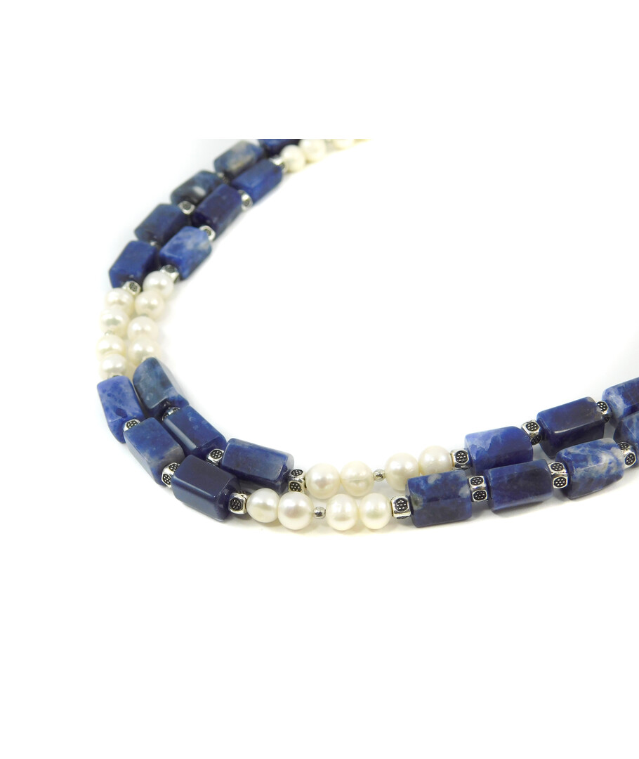 Exclusive necklace "Frida" Pearls, Sodalite barrel, 2 rows