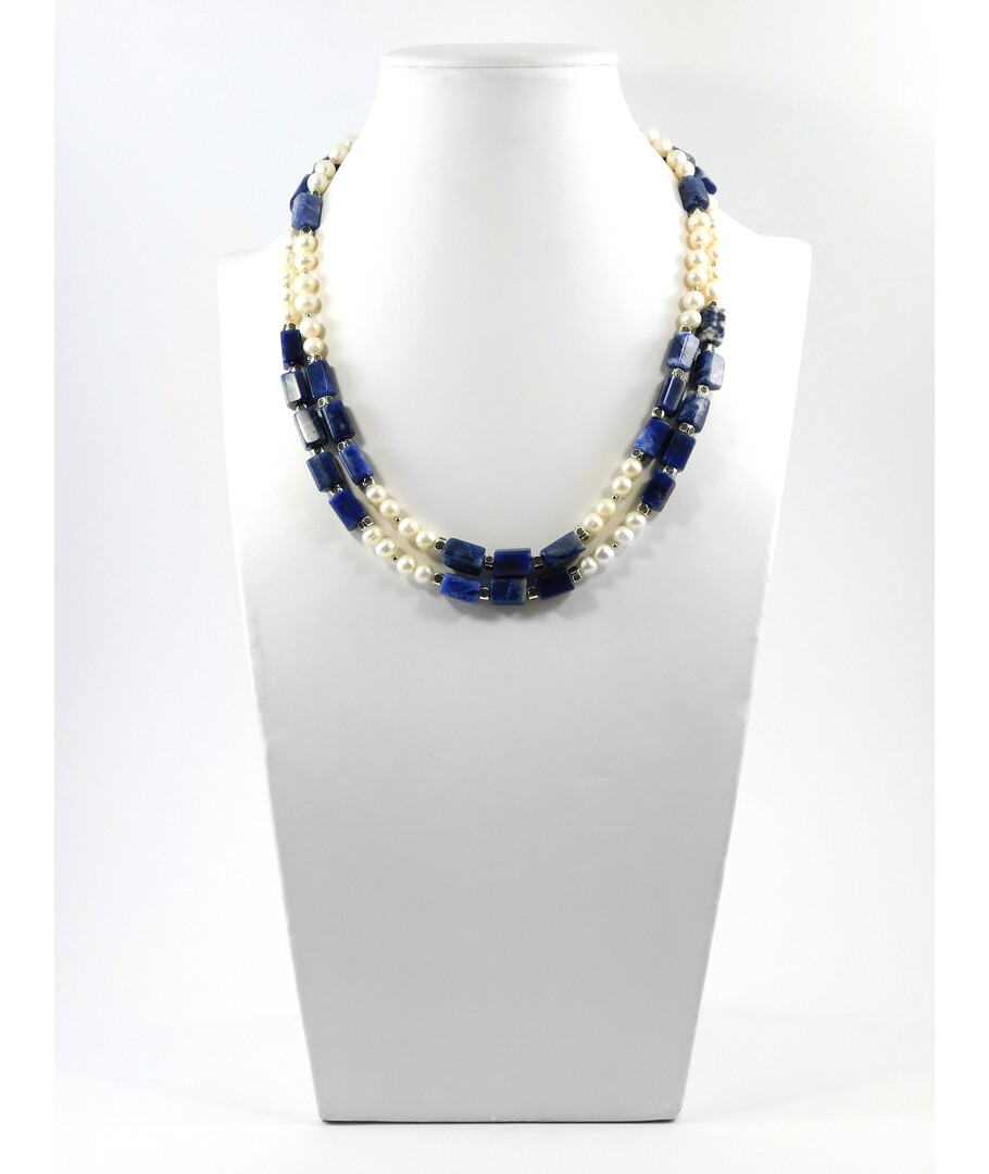 Exclusive necklace "Frida" Pearls, Sodalite barrel, 2 rows