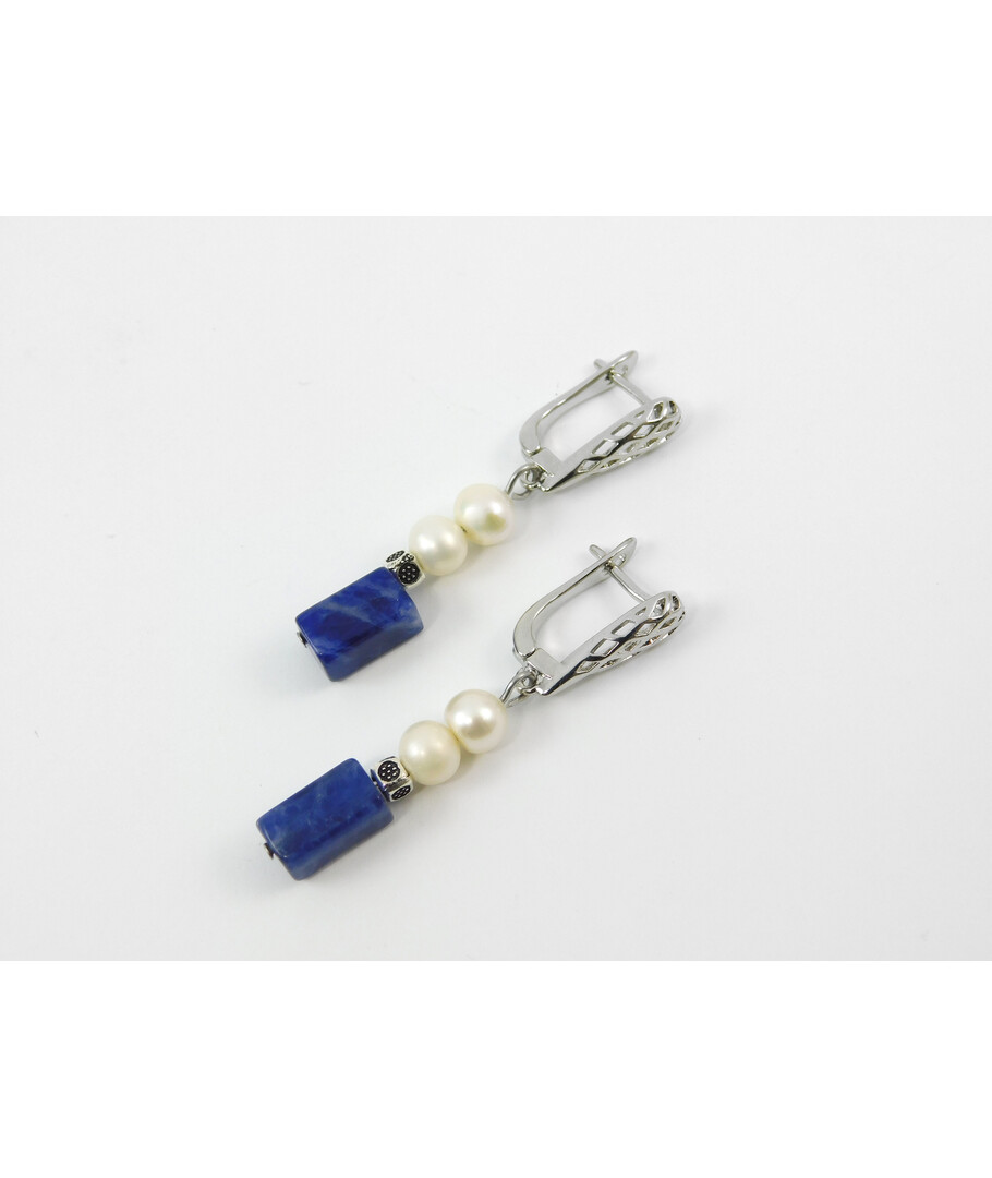 Exclusive earrings "Frida" Pearls, Sodalite barrel