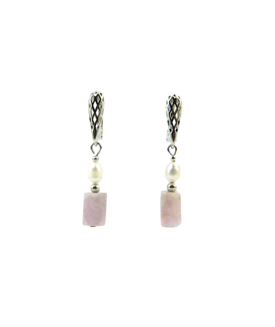 Exclusive earrings "Frida" Rice pearls, Kunzite barrel