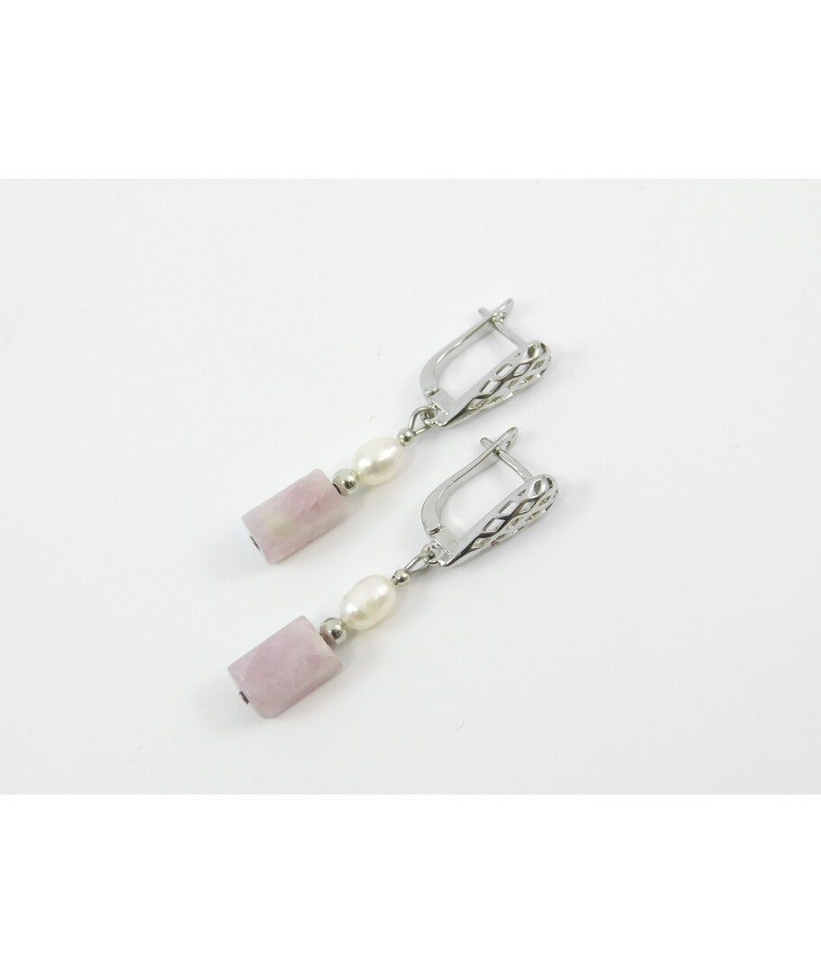 Exclusive earrings "Frida" Rice pearls, Kunzite barrel