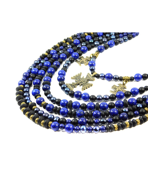 Exclusive necklace "Marlena" Lapis lazuli, Pearls, Shungite, rondel, 6 rows