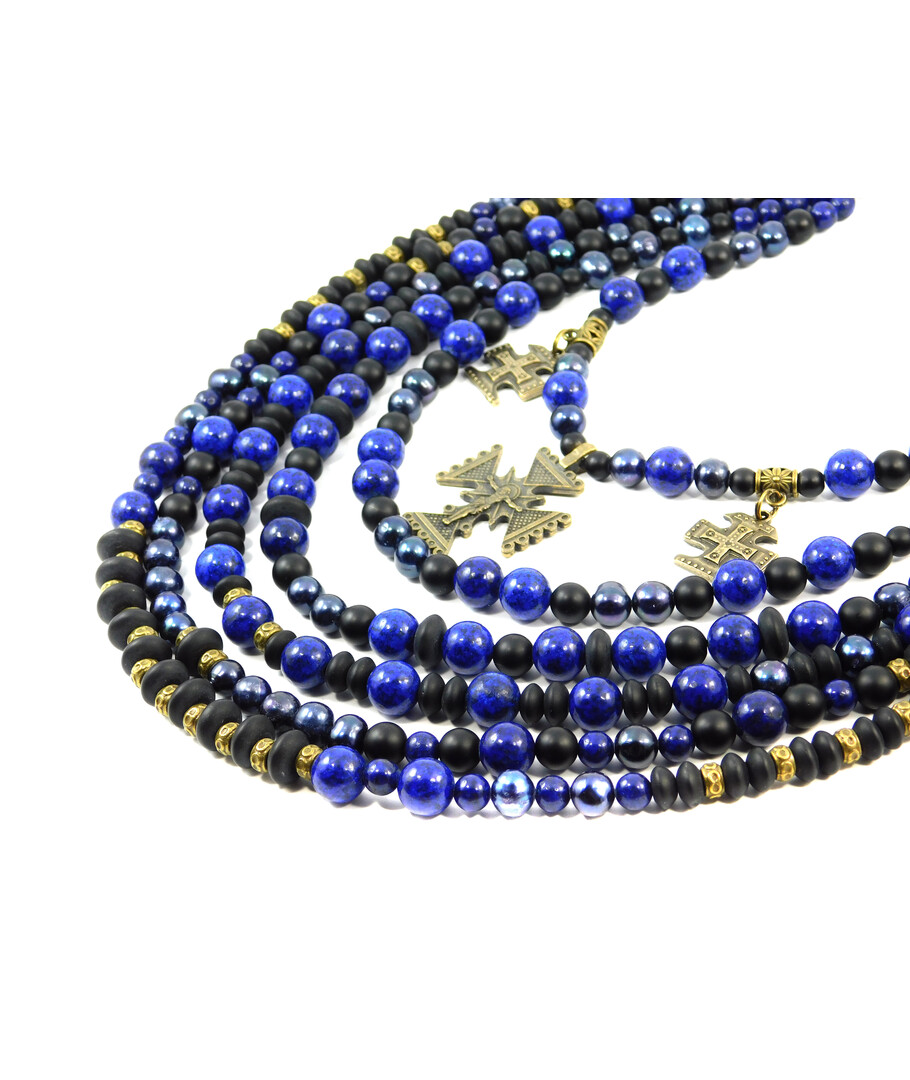 Exclusive necklace "Marlena" Lapis lazuli, Pearls, Shungite, rondel, 6 rows