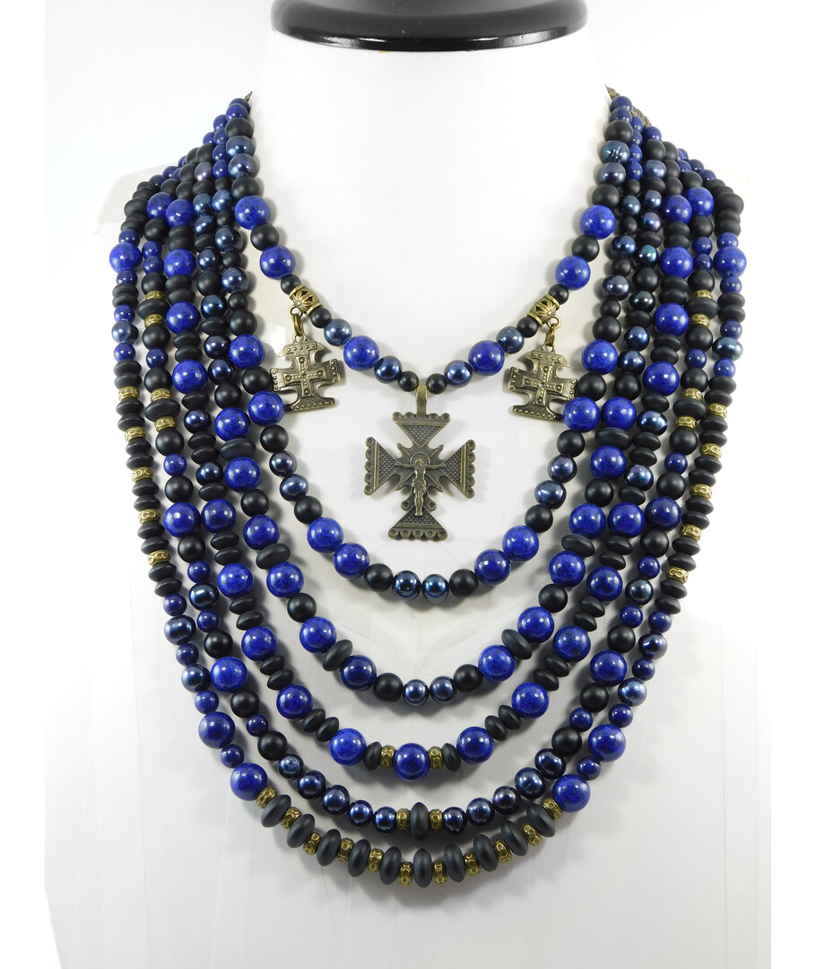 Exclusive necklace "Marlena" Lapis lazuli, Pearls, Shungite, rondel, 6 rows