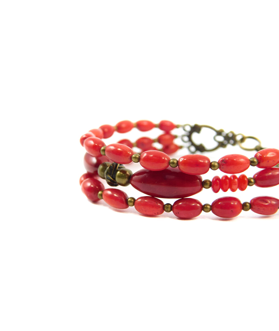 Exclusive bracelet "Anna-Maria" Coral rice, rondel, 3 rows