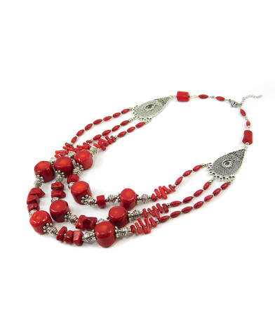 Exclusive necklace "Ruzenda" coral, rice, sticks, 3 rows