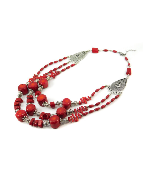 Exclusive necklace "Ruzenda" coral, rice, sticks, 3 rows