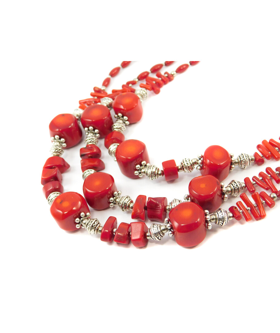 Exclusive necklace "Ruzenda" coral, rice, sticks, 3 rows