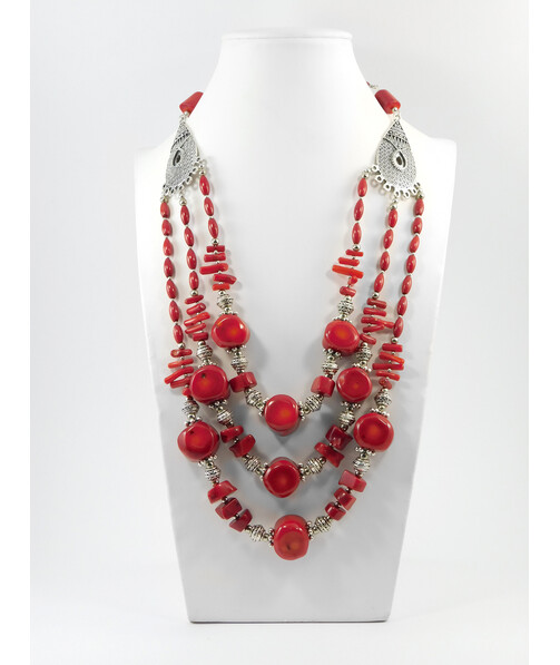 Exclusive necklace "Ruzenda" coral, rice, sticks, 3 rows