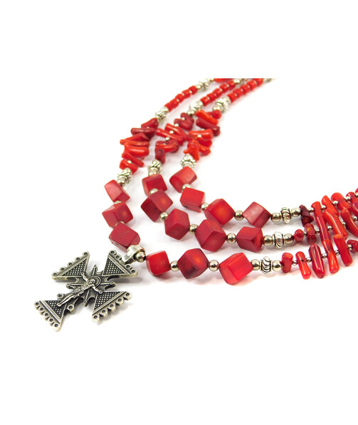 Exclusive necklace "Kalinka" Coral cube, puck, sticks, 3 rows