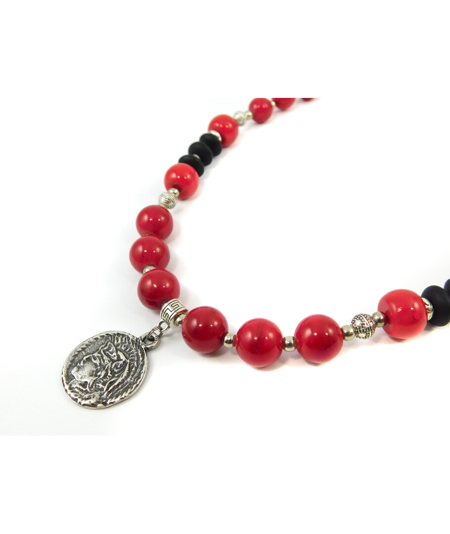 Exclusive necklace "Lucky coin" Coral press, rondel, Shungite, rondel