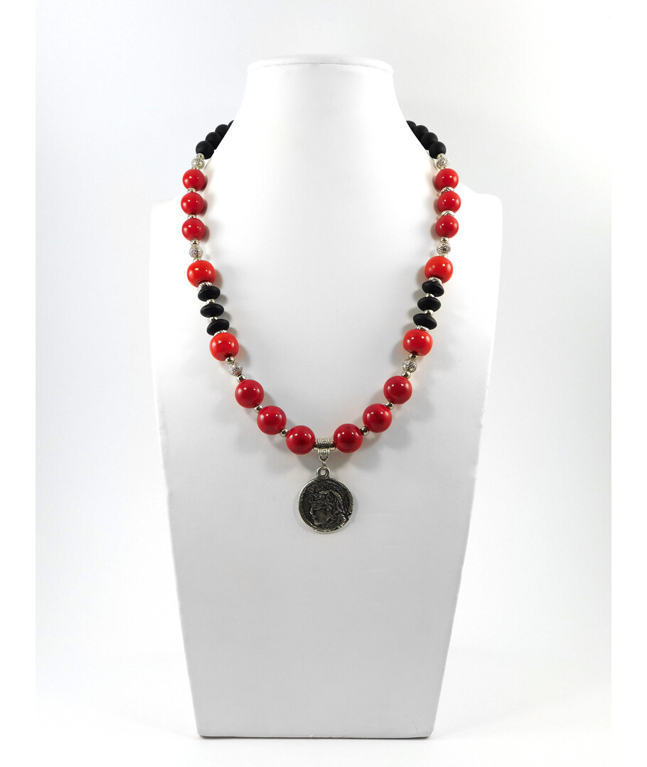 Exclusive necklace "Lucky coin" Coral press, rondel, Shungite, rondel