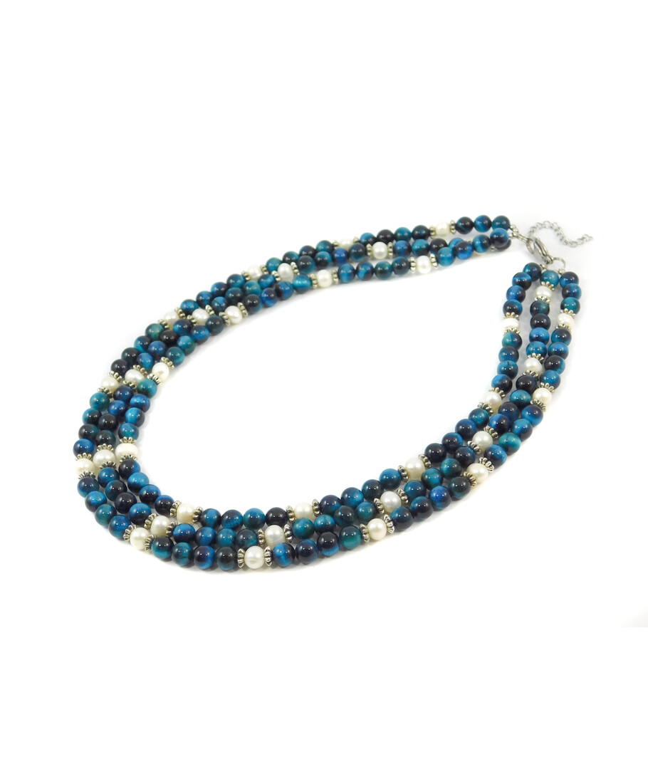 Exclusive necklace "Aurika" Cat's eye blue, Pearls, 3 rows