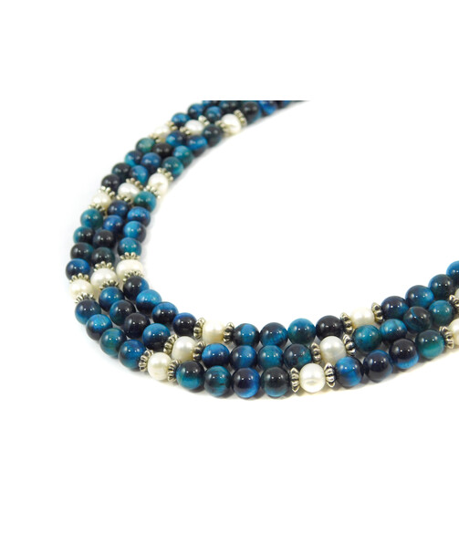 Exclusive necklace "Aurika" Cat's eye blue, Pearls, 3 rows