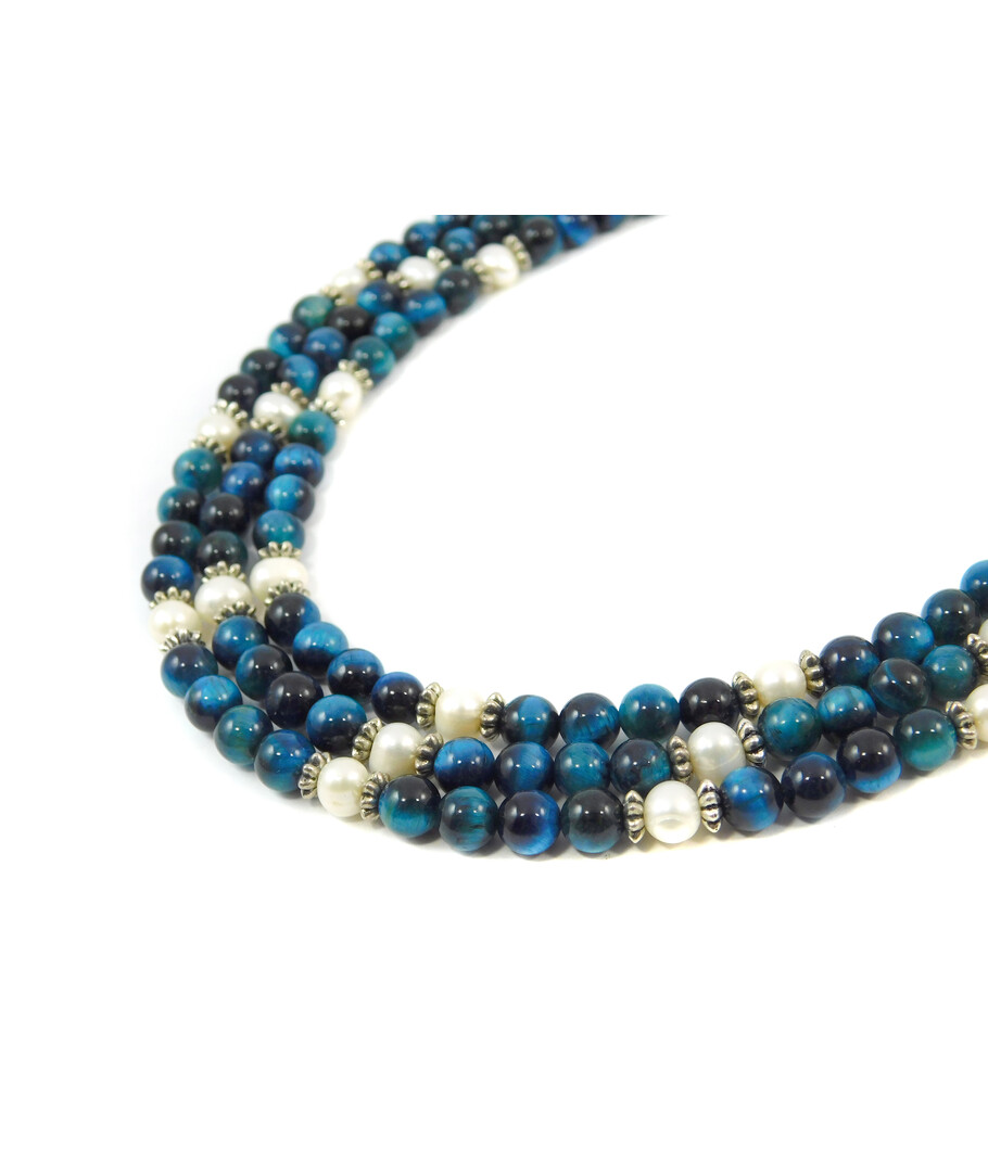 Exclusive necklace "Aurika" Cat's eye blue, Pearls, 3 rows